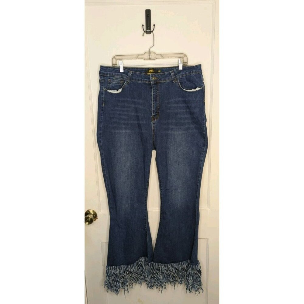 L&B Lucky & Blessed Women's 22 High Rise Flare Fringe Denim Jeans Boho Hippie